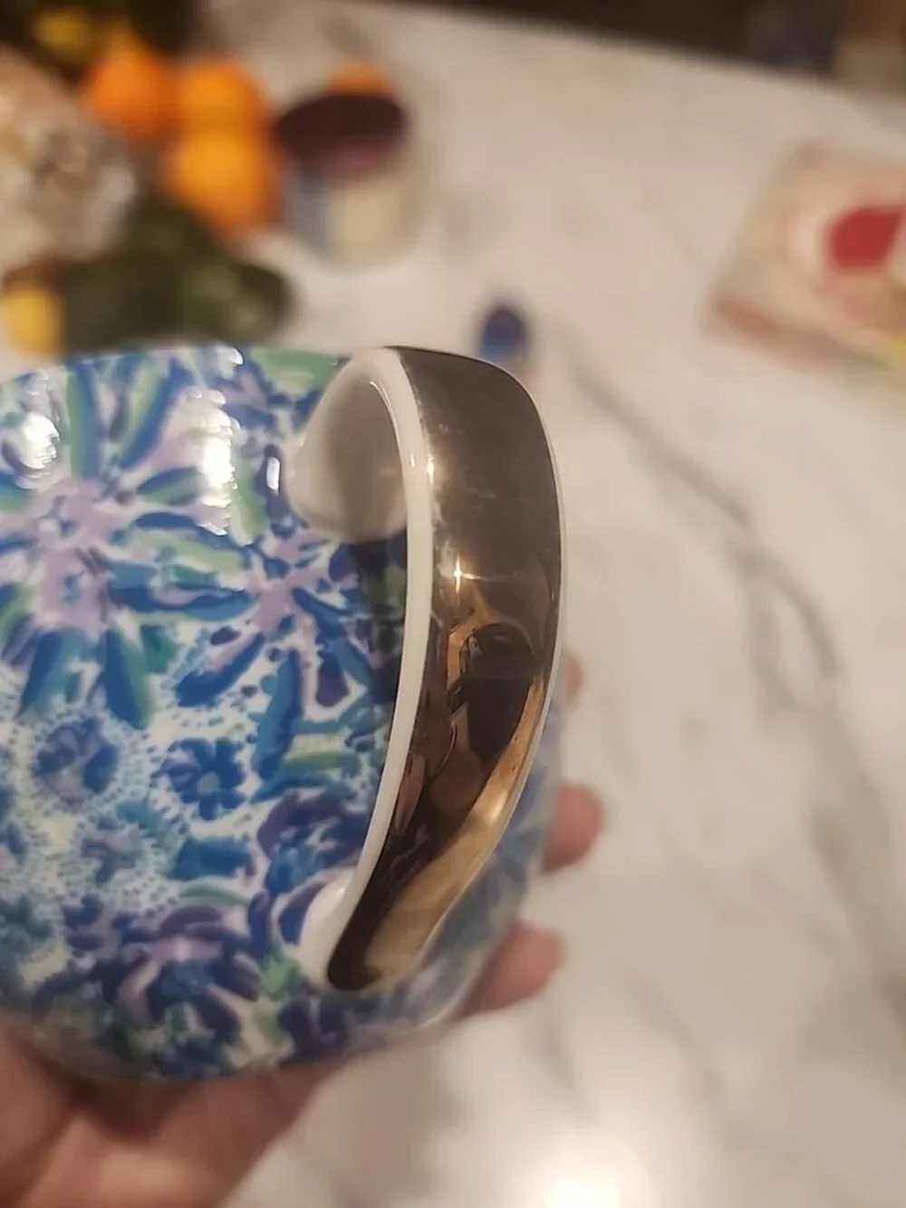 Lilly Pulitzer High Maintenance Blue Floral Ceramic Mug Gold Handle 12Oz